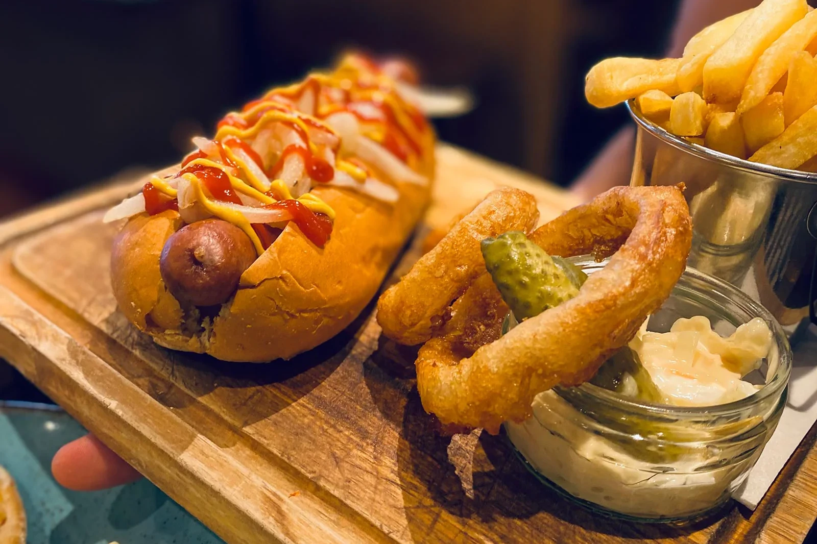 hot dog, onion rings, chips