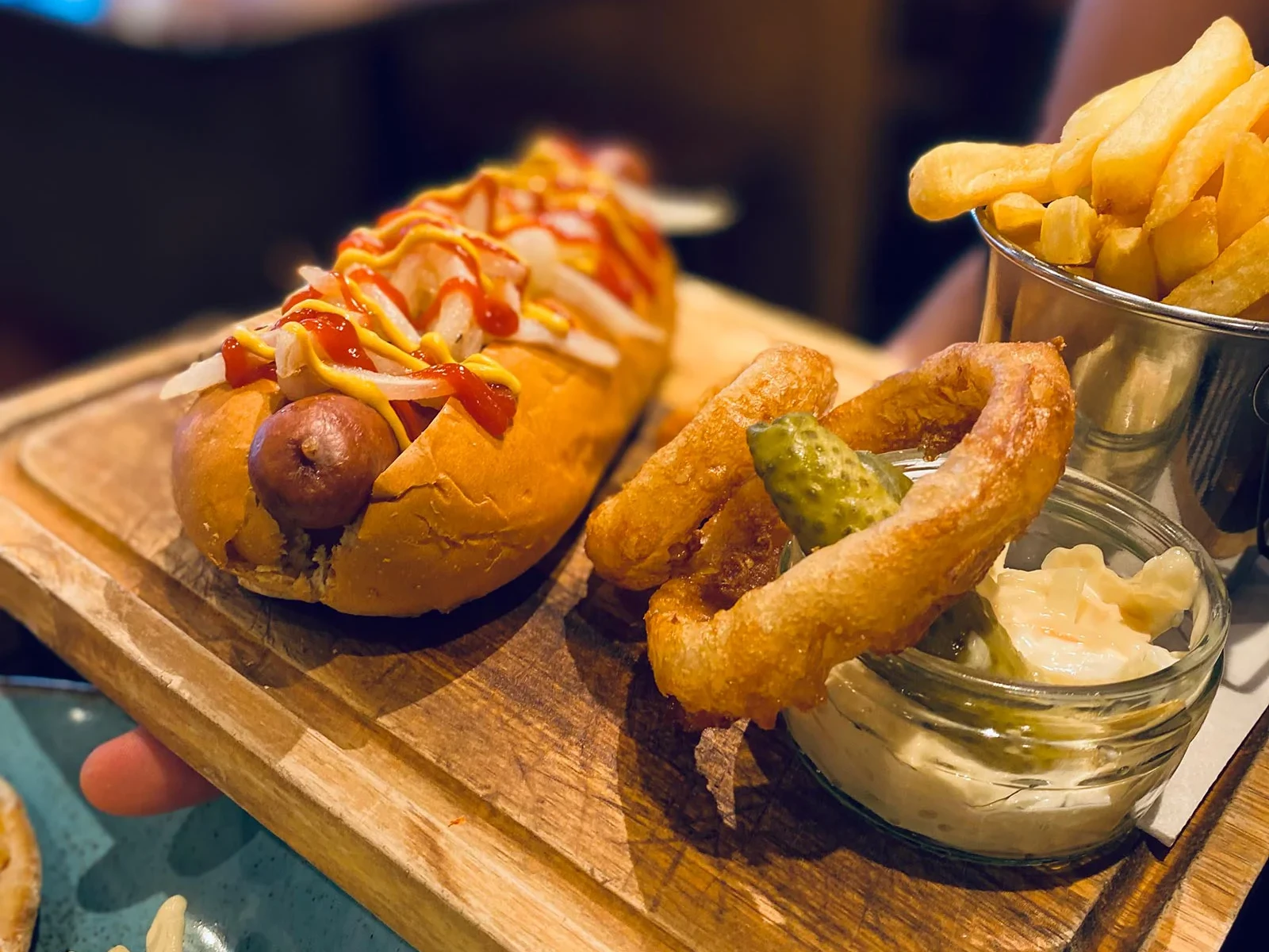 hot dog, onion rings, chips